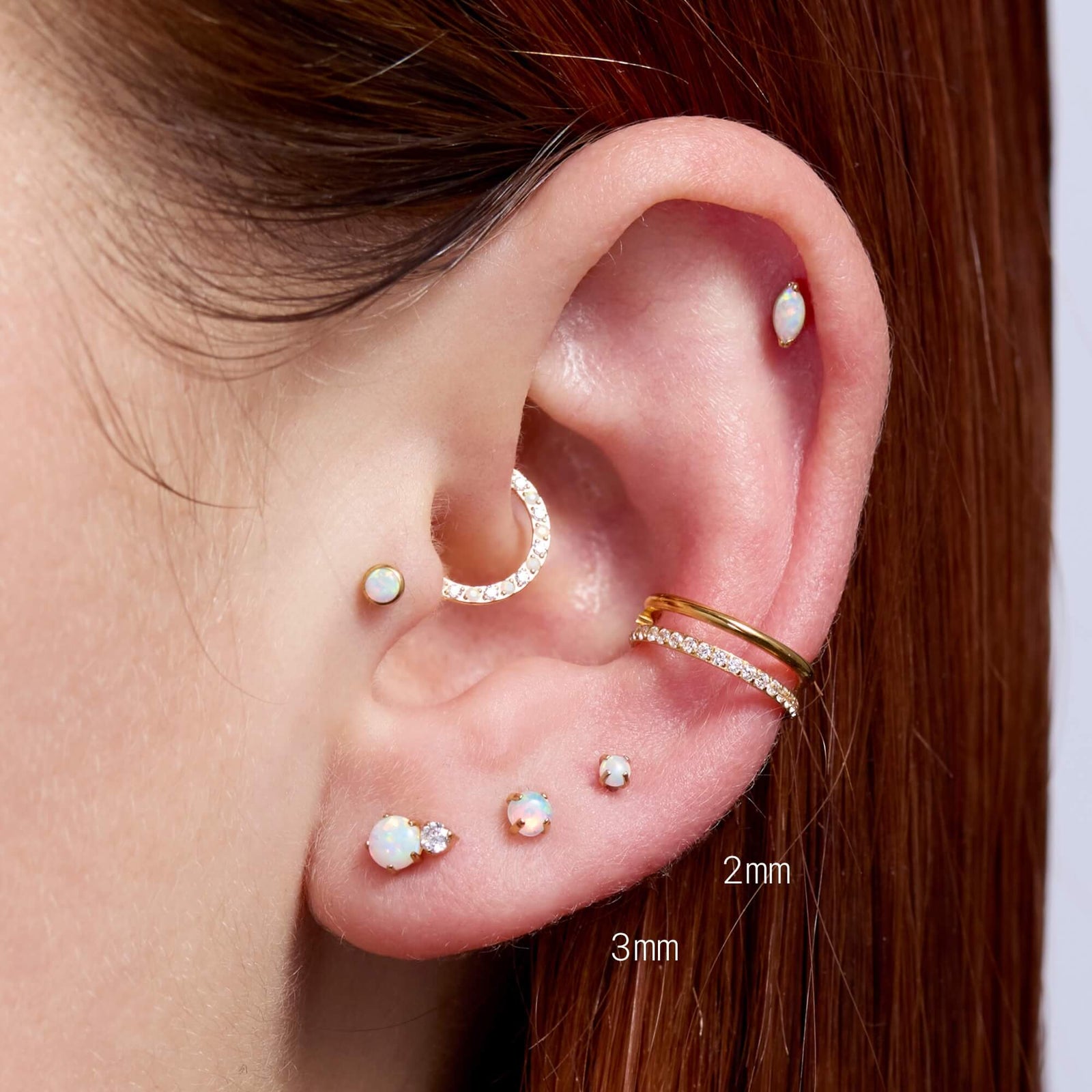 WITH BLING | White Opal Cartilage Stud – Titanium Piercing 2mm, 3mm