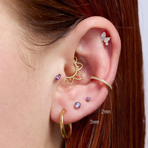 WITH BLING | Purple CZ Piercing Set – 2mm & 3mm Titanium Stud Set