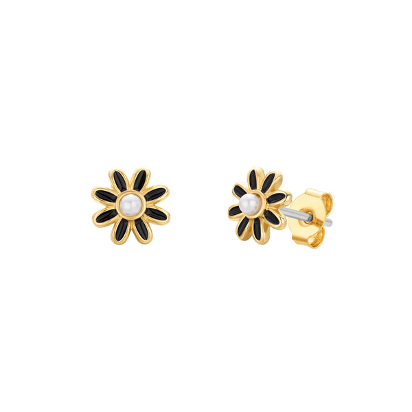 Black Enamel Pearl Flower Earrings